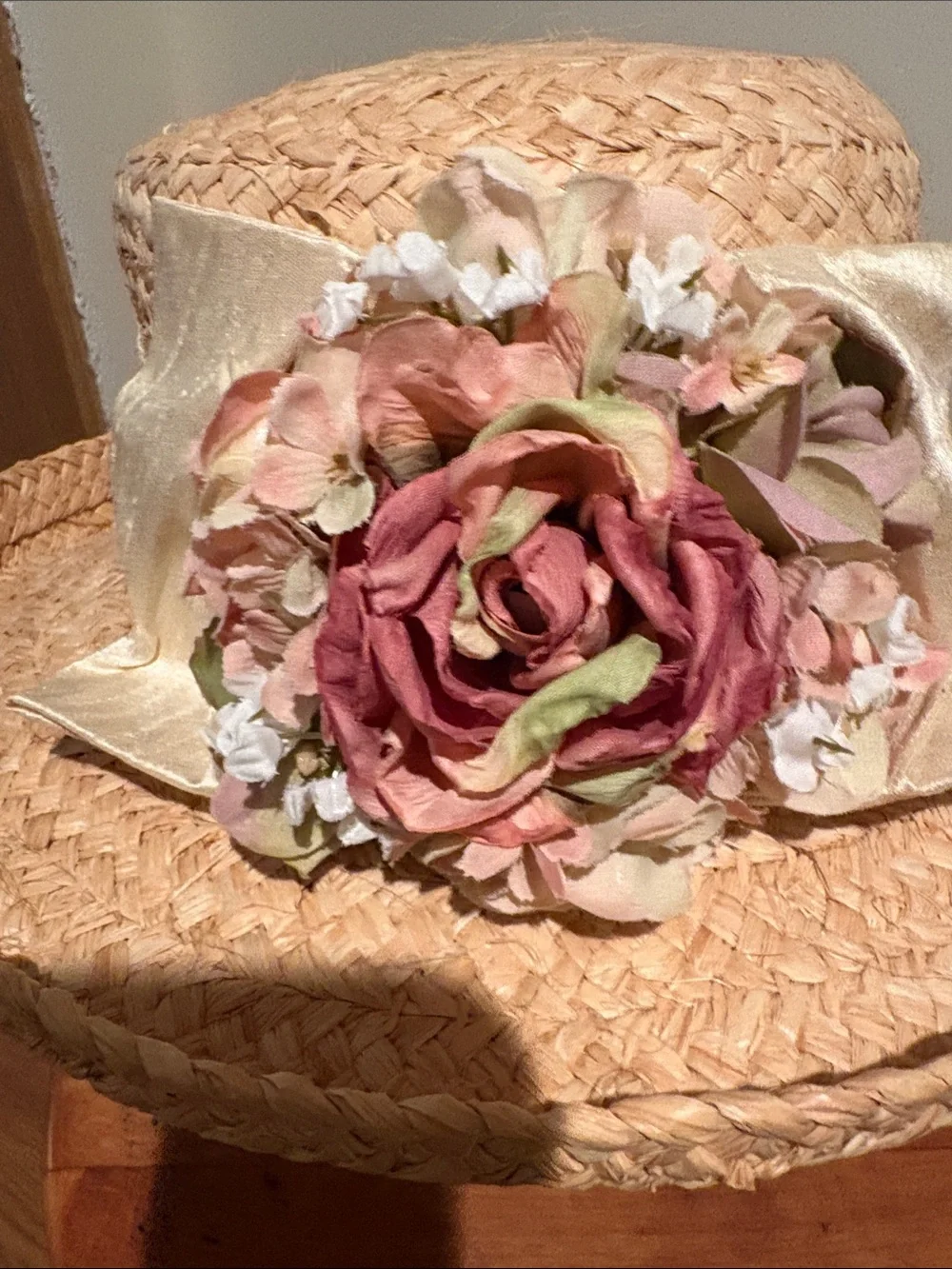 Straw Boater Hat with Pink Floral Accent